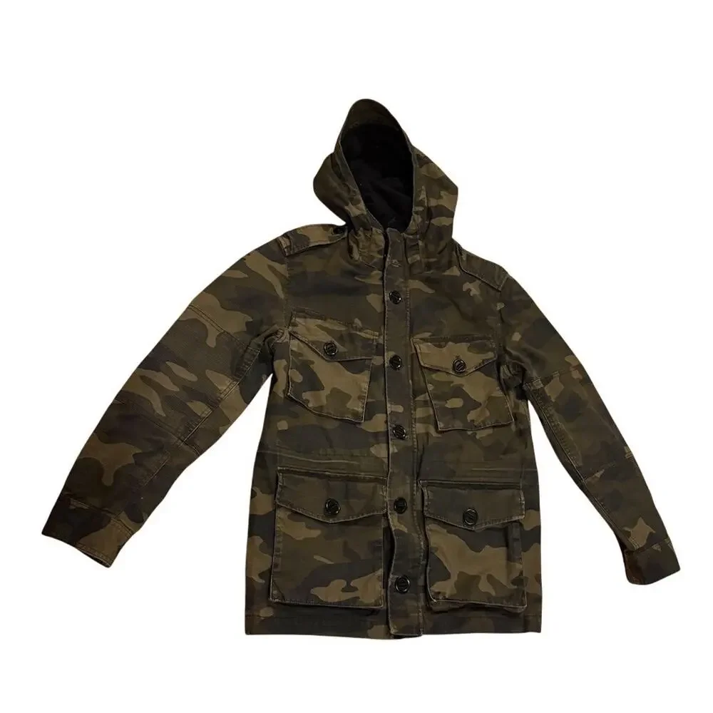 Banana Republic Military Field Jacket Mens S Green Camo Hooded 4-Pocket